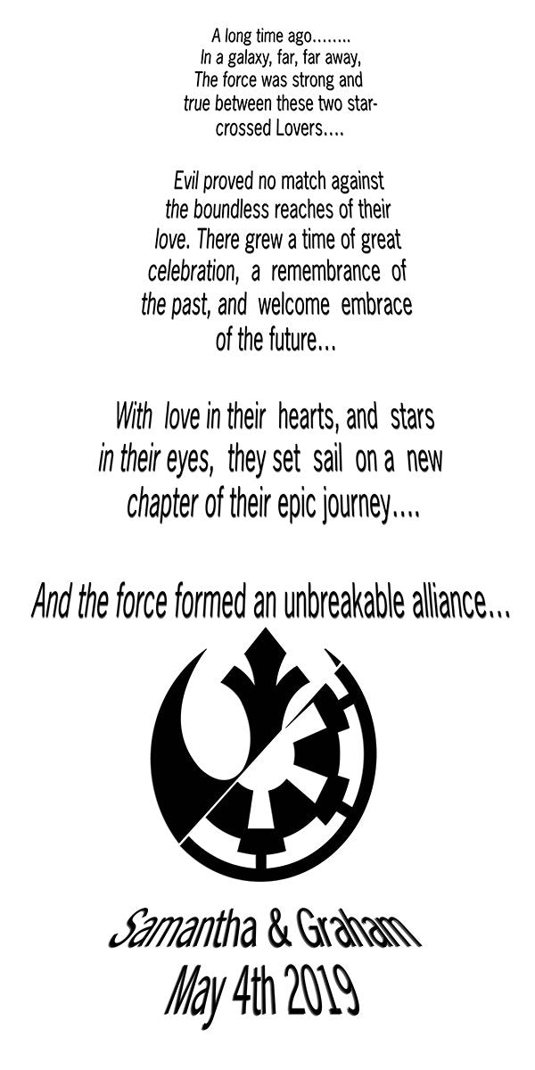 personalised wedding aisle runner, rebel and imperial sci-fi themed wedding