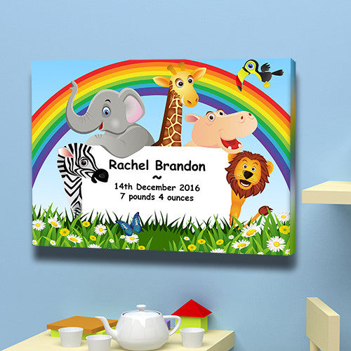 Rainbow birth announcement animals baby weight date of birth christening gift