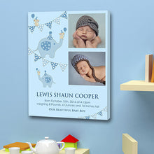 Load image into Gallery viewer, Blue baby boy birth announcement 2 images date weight gift canvas christening birth 
