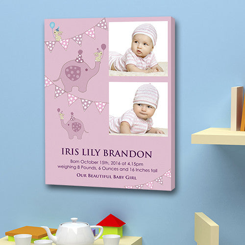Pink baby boy birth announcement 2 images date weight gift canvas christening birth