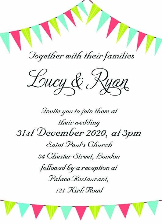 Wedding invitation personalised created to order Bunting day invite evening invitation
