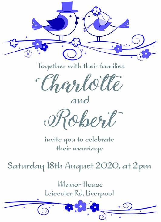 Wedding invitation personalised created to order Love Birds day invite evening invitation