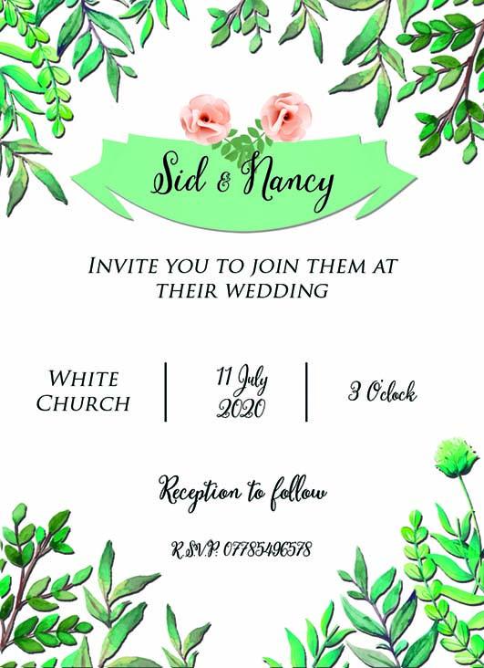 Wedding invitation personalised created to order greenery Folliage day invite evening invitation