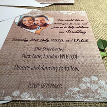Load image into Gallery viewer, Wedding invitation personalised created to order your photo heart hessian day invite evening invitation
