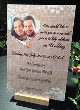 Load image into Gallery viewer, Wedding invitation personalised created to order your photo heart hessian day invite evening invitation
