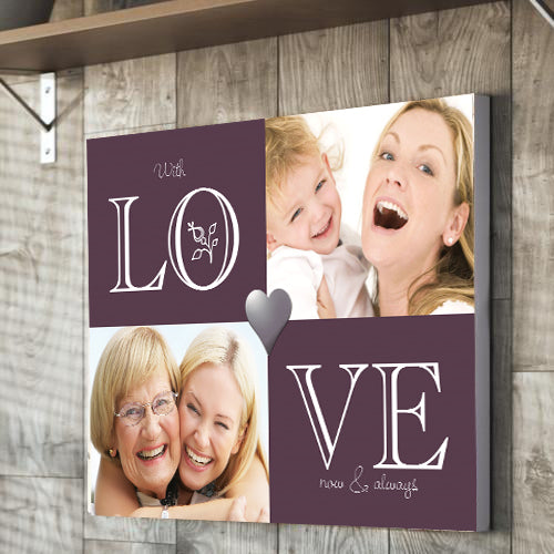Upload 2 of your favourite images to this beautifully designed LOVE artwork to create a fantastic picture. Then personalise with your own special Mother's day message,.Please note: Product supplied as a self-assembly kit which includes a 1.5" aluminium frame, full assembly instructions provided. Desktop canvas supplied as a plastic frame with a 0.5" frame thickness