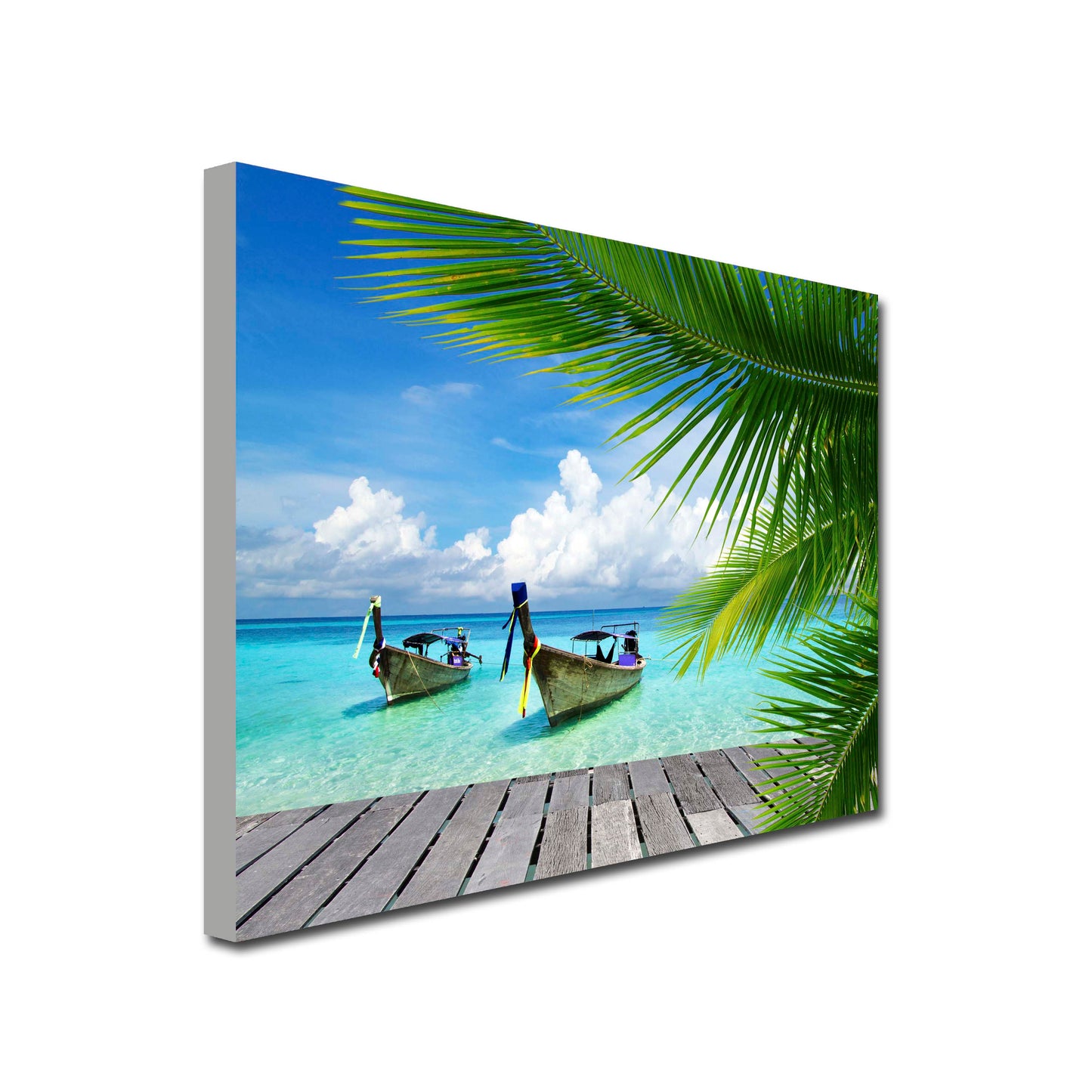 Boats on the sea palm tree canvas
