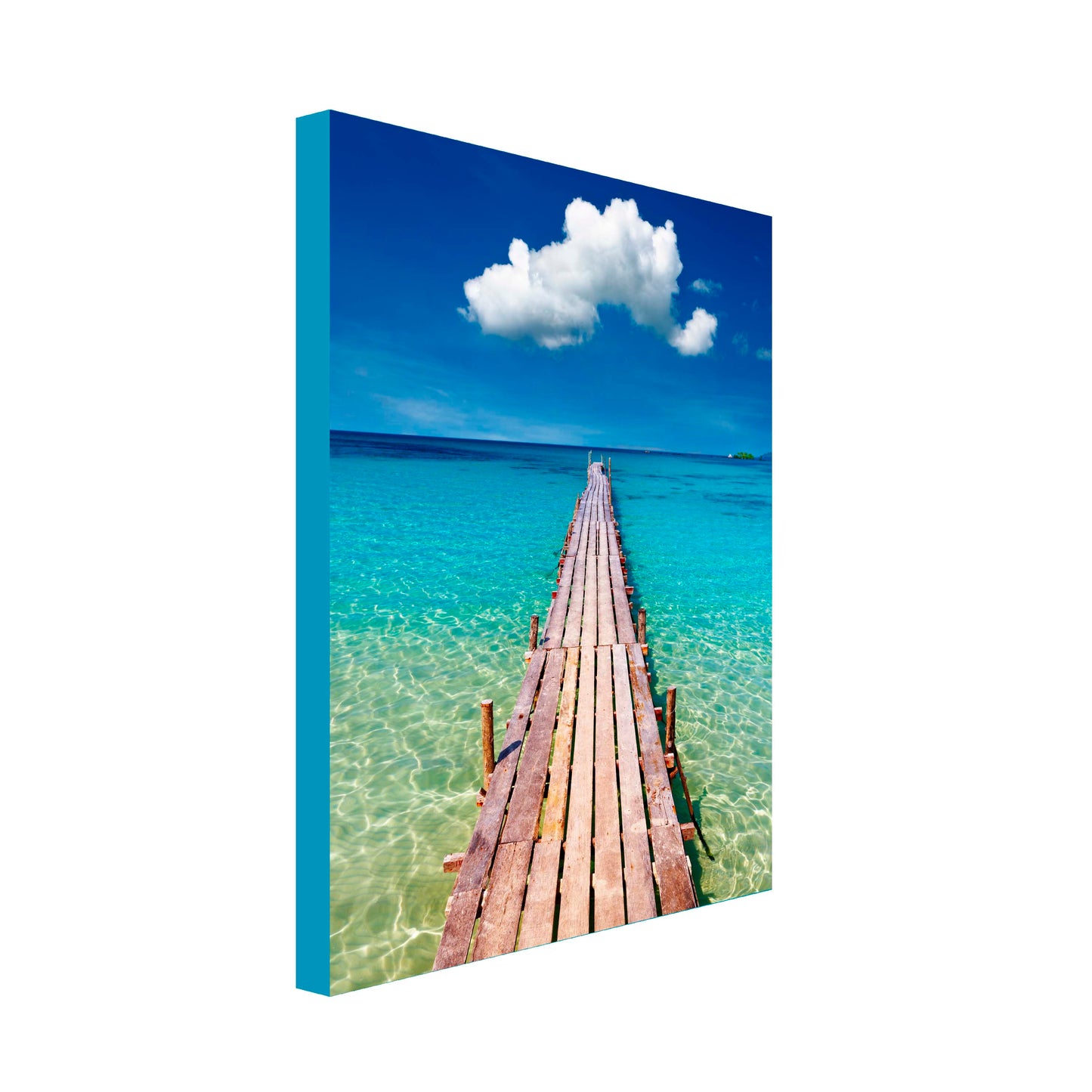 Portrait Art Canvas of long wooden pier heading out to turquoise blue sea with lone white cloud floating above in the centre of a blue sky