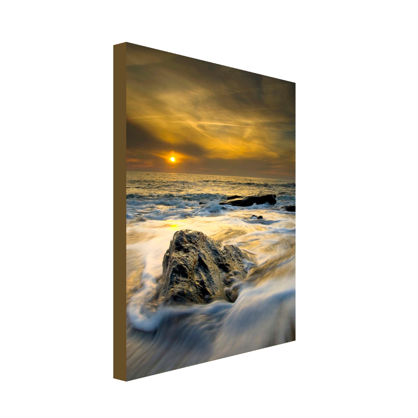Portrait Art Canvas of cloudy sunset over rough seas with rock in the foreground