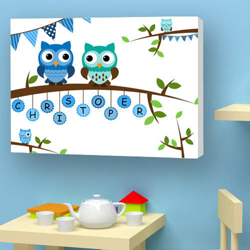 Owl canvas personalised name boy blue birth christening birthday gift 