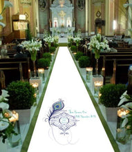 Load image into Gallery viewer, Wedding Aisle runner personalised peacock theme bride and groom date of wedding
