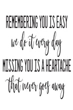 Load image into Gallery viewer, &quot;Remembering you is easy, we do it every day, Missing you is a heartache that never goes away&quot; quote. This quote is suitable for a funeral or sympathy message
