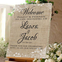 Load image into Gallery viewer, Wedding welcome sign wedding celebration bride and Groom Hessian canvas
