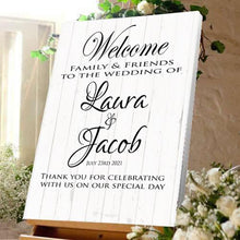 Load image into Gallery viewer, Wedding welcome sign wedding celebration bride and Groom White wood canvas
