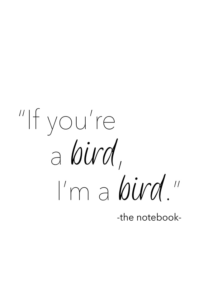 "If You're a bird I'm a bird" a beautiful quote from the film The Notebook Printed on high quality poster paper. choose to have a picture frame option or a canvas framed option. Text and background colours can also be changed on request. (the standard option is black print on a white background)