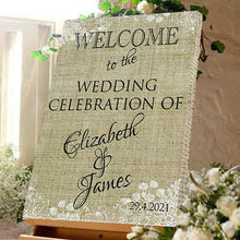 Load image into Gallery viewer, Wedding welcome sign wedding celebration bride and Groom hessain effect canvas
