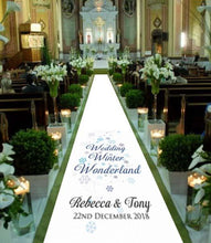 Load image into Gallery viewer, personalised wedding aisle runner winter wonderland  theme personalised venue bride and groom
