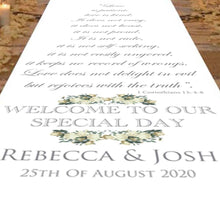 Load image into Gallery viewer, aisle runner 1 corinthians love always protects personalised bride and groom wedding bible reading
