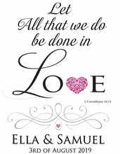 Load image into Gallery viewer, Personalised wedding aisle runner, 1 Corinthians 16-14 bible reading 
