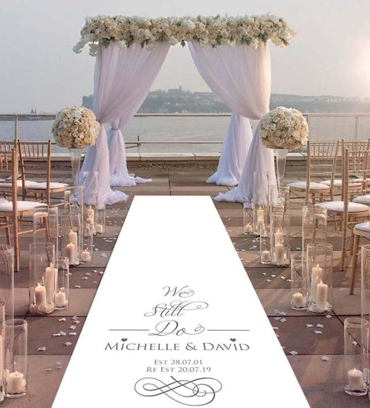 personalised Aisle Runner for vow reneal with the text we still do printed on it and personalised with your own details