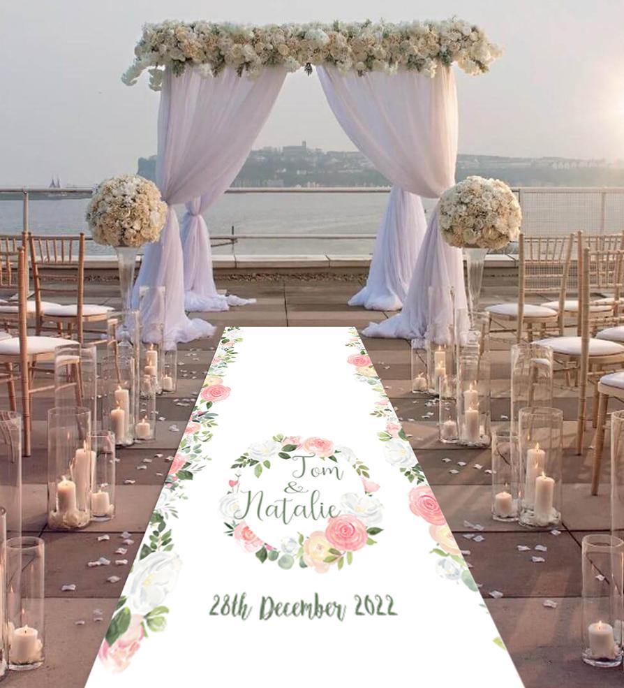 personalised wedding Aisle Runner water colour rose border printed throughout aisle runner