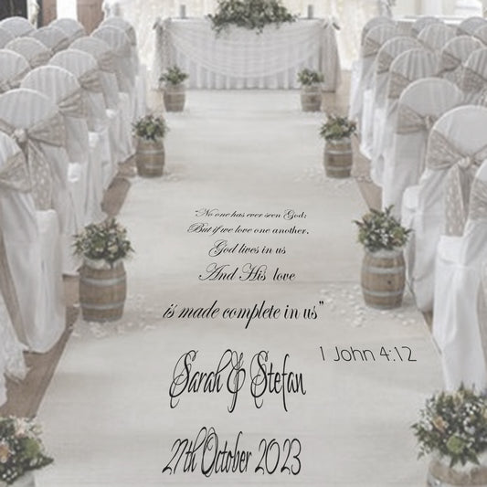 Beautiful religious personalised wedding aisle runner with a reference the bible reading 1 John 4-12 "No one has ever seen God; But if we love one another, God lives in us And His love is made complete in us” personalised bride & groom