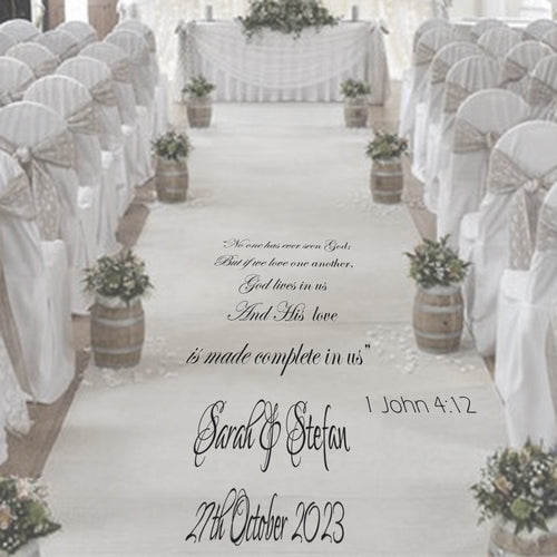 Beautiful religious personalised wedding aisle runner with a reference the bible reading 1 John 4-12 