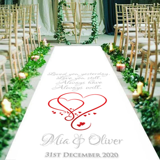 A beautiful, personalised, Wedding Aisle runner, with the quote "Loved you yesterday, Love You Still, Always Have, Always Will" printed on it.