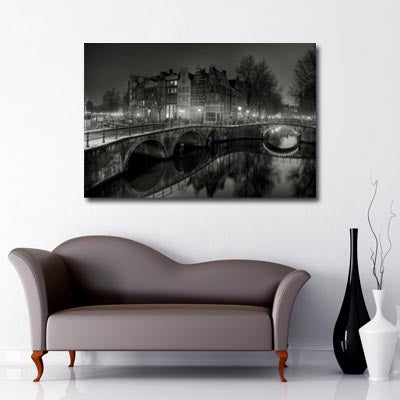 Amsterdam canal bridge black and white