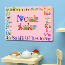 Load image into Gallery viewer, Animal alphabet child blue canvas pink nursery bedroom birth christening birthday gift

