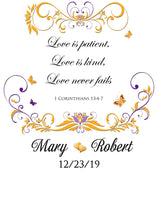 Load image into Gallery viewer, personalised wedding aisle runner Butterfly theme 1 Corinthians 13 4-7 bible reading

