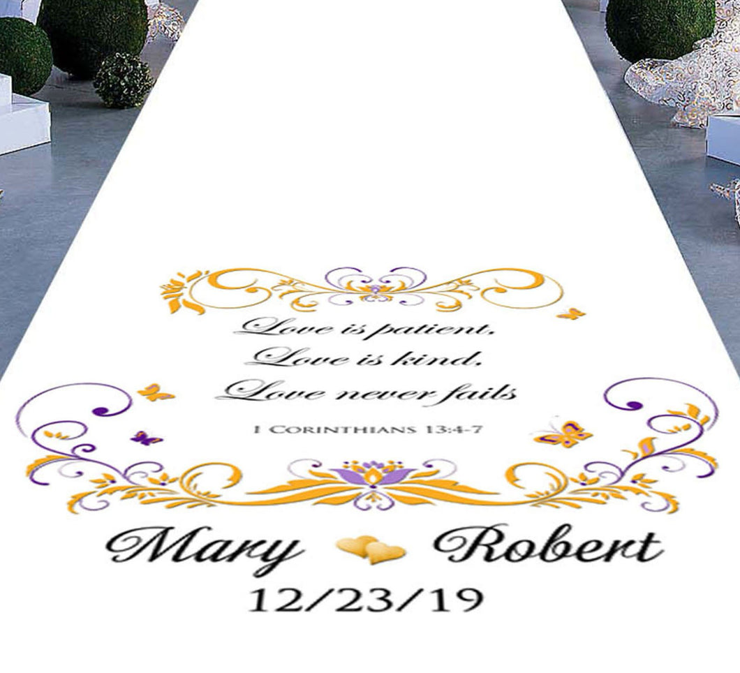 personalised wedding aisle runner Butterfly theme 1 Corinthians 13 4-7 bible reading