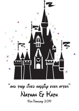 Load image into Gallery viewer, wedding aisle runner personalised disney fairy castle theme 
