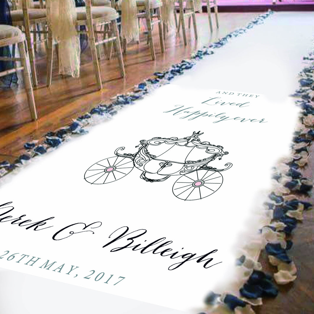 wedding aisle runner personalised with Bride and groom names and date of wedding. Princess Wedding carriage