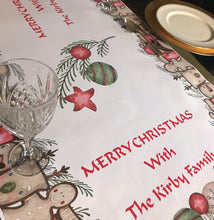 Load image into Gallery viewer, Christmas table runner decoration personalised family christmas table cloth gingerbread reindeer santa
