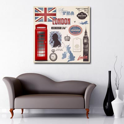 British icons union jack, red telephone box, big ben, map uk