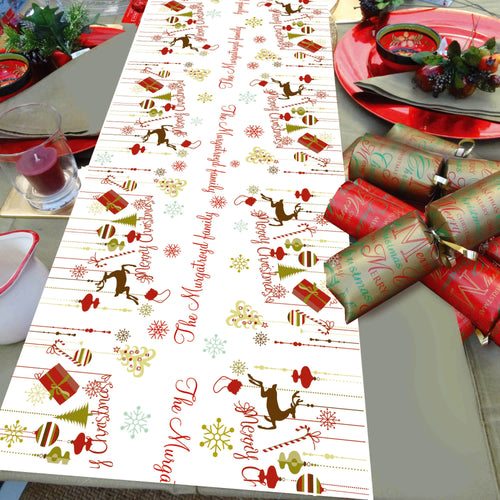 Christmas Table runner, personalised, personalized, stag, candy cane, bauble, presents, Christmas Tree, Christmas dinner table decoration