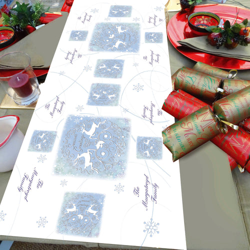 Personlaised Christmas Table Runner Stag snowflake ice blue Festive christmas dinner table decorations