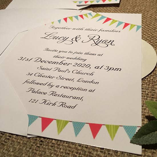 Wedding invitation personalised created to order Bunting day invite evening invitation