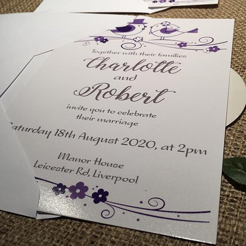 Wedding invitation personalised created to order Love Birds  day invite evening invitation