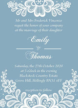 Load image into Gallery viewer, Wedding invitation personalised created to order lace doillie effect design invite evening invitation
