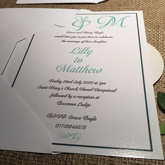 Wedding invitation personalised created to order bride and groom initials  day invite evening invitation
