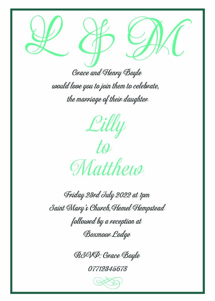 Wedding invitation personalised created to order bride and groom initials  day invite evening invitation