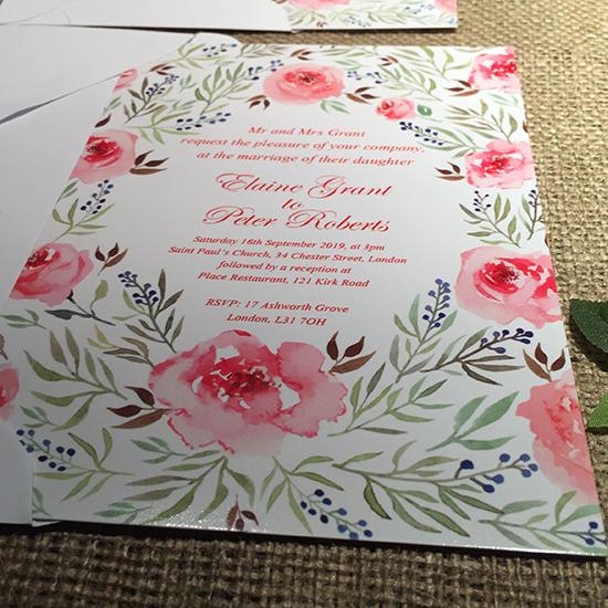 Wedding invitation personalised created to order watercolour pastel roses day invite evening invitation