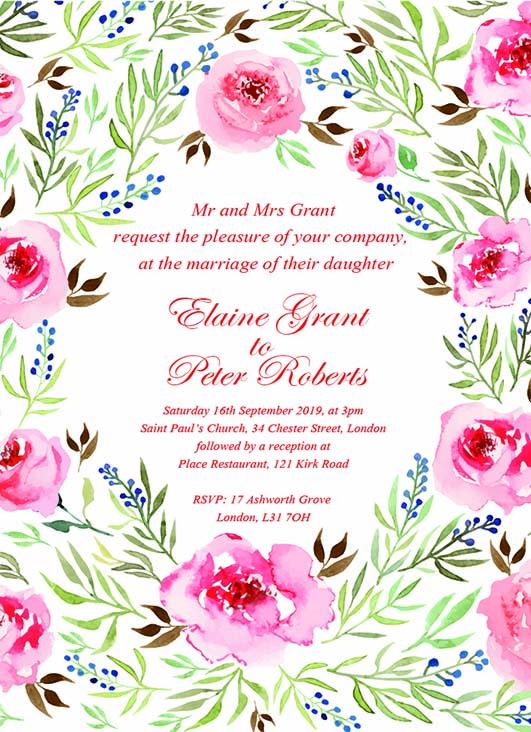 Wedding invitation personalised created to order watercolour pastel roses day invite evening invitation