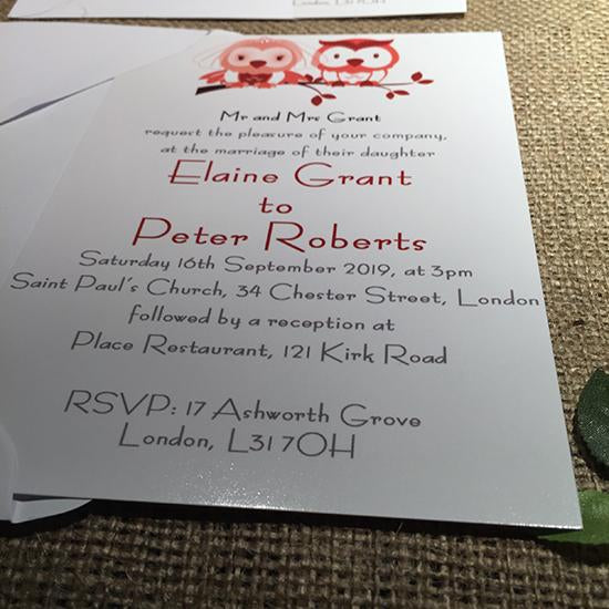 Wedding invitation personalised created to order cute owl couple day invite evening invitation