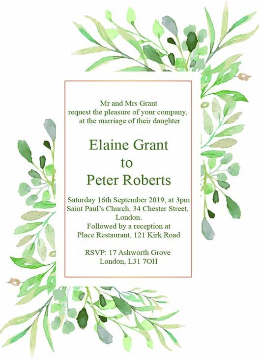 Wedding invitation personalised created to order watercolour fauna day invite evening invitation