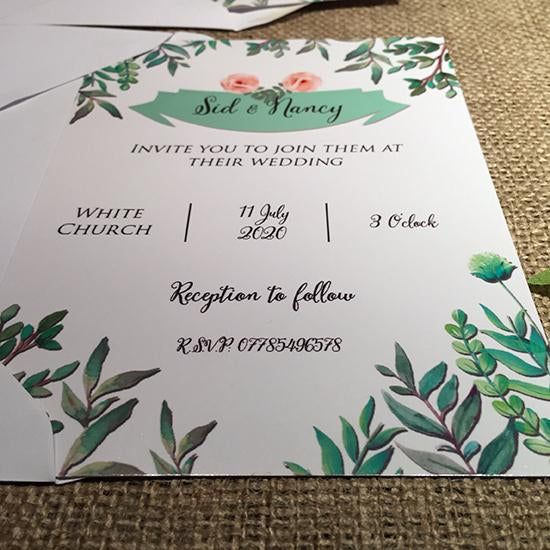 Wedding invitation personalised created to order greenery Folliage day invite evening invitation