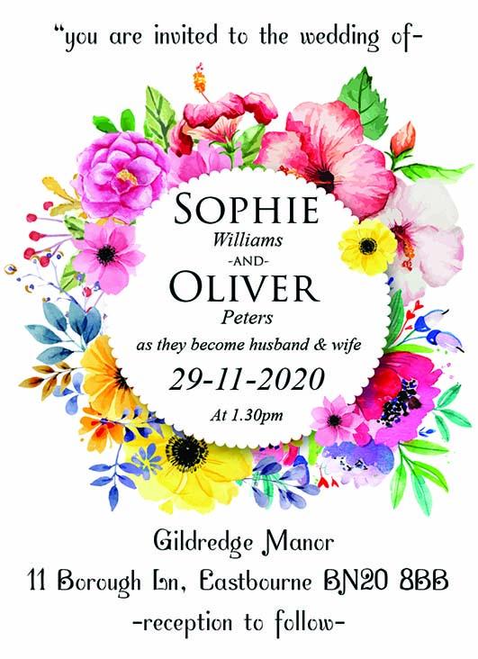 Wedding invitation personalised created to order summer flower circle day invite evening invitation