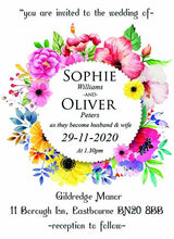 Load image into Gallery viewer, Wedding invitation personalised created to order summer flower circle day invite evening invitation

